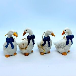 Vintage Set of 4 Geese Duck Ornaments White with Blue Bow Taiwan 3.5 Inch Tall